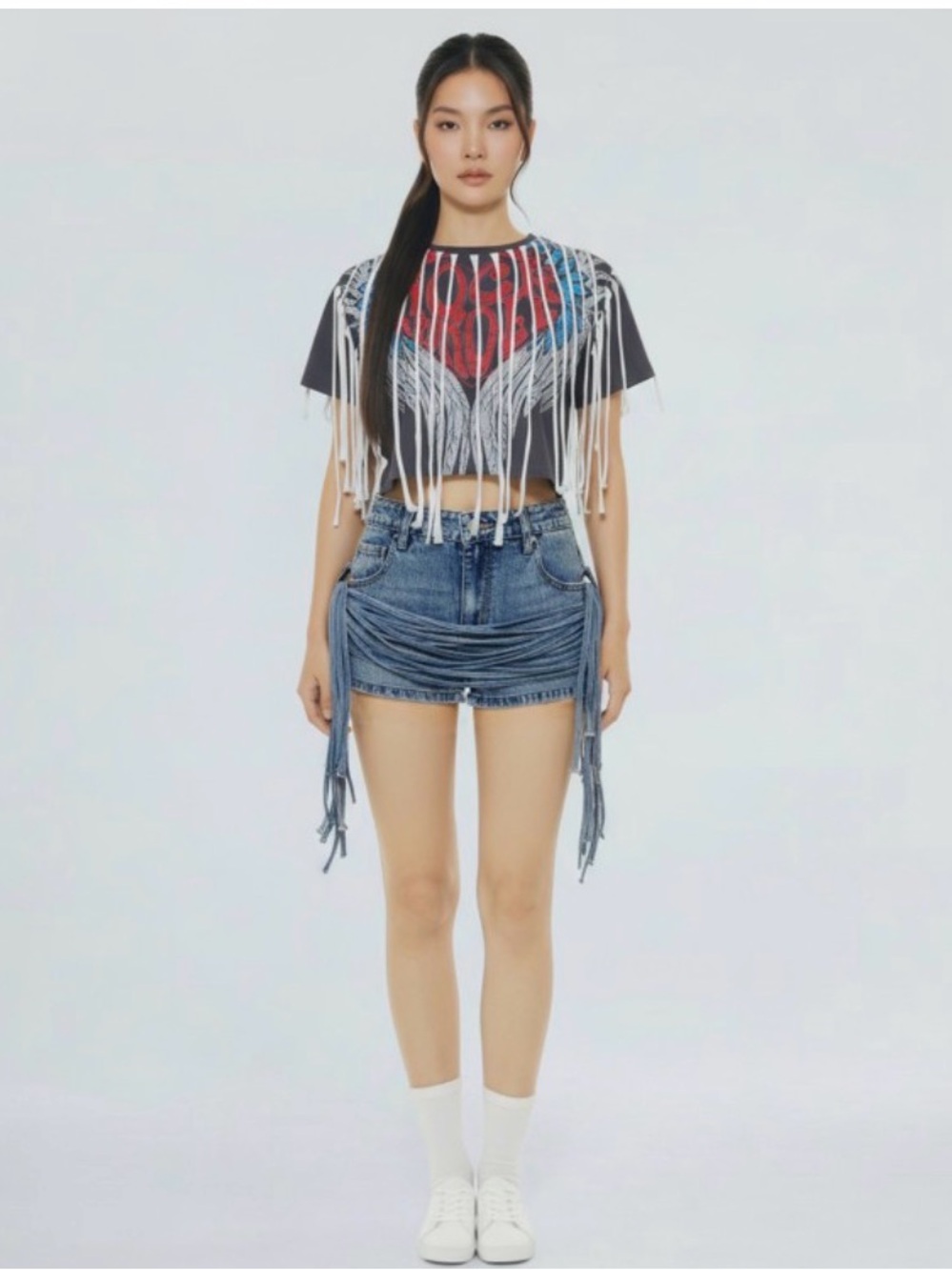 Fringed Graphic Crop Tee in Charcoal with Red & Blue Detail - Picture 4 of 4